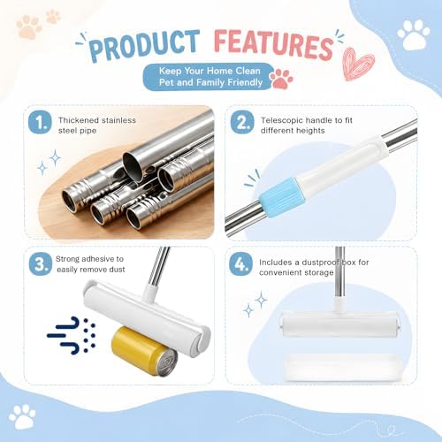 3 Pcs Pet Hair Removal Tool Adjustable Carpet rake & Lint Roller & Dustpan - Image 4
