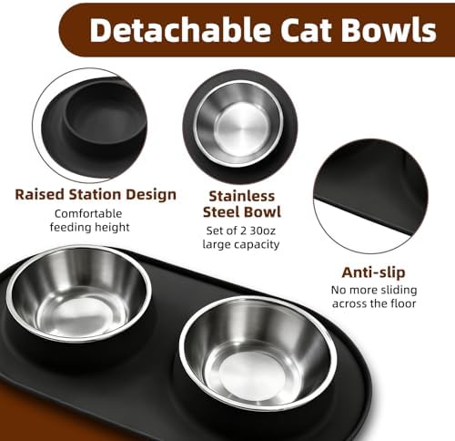 Double Cat Food Bowls with Silicone Base, Stainless Steel Dishes, Non-Slip Feeding & Water Station, Easy-Clean Pet Bowls for Cats, 1.75-Cup Capacity Each, Black - Image 2