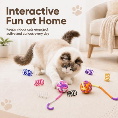 Cat Toys for Indoor Cats, 4 Yarn Balls with Tails & 12 Colorful Springs - Image 6