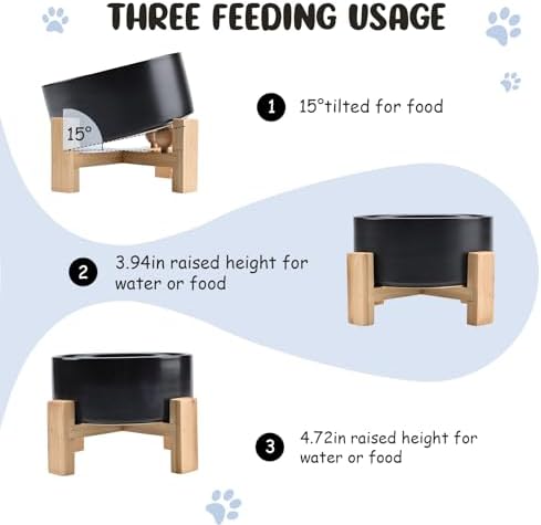 SPUNKYJUNKY 15° Slanted Ceramic Dog and Cat Bowl with Wooden Stand, Tilted Bulldog Food and Water Bowl No Slip Non-Spill for Cats Medium Dogs Big Face Pets 28.7 OZ (3.6 Cups, Black) - Image 3