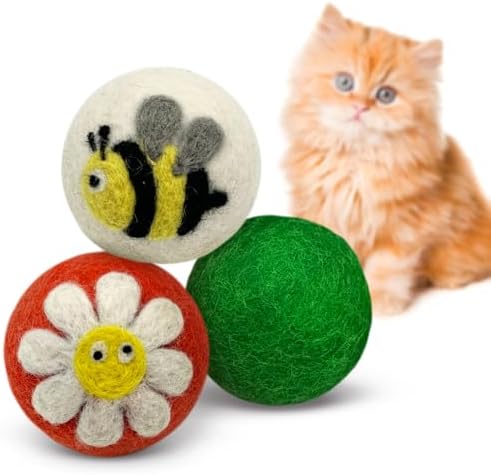 Love Ewe Wool Cat Toys Ball 3 Pack, 2-inch Flower and Bee by HustleBlush