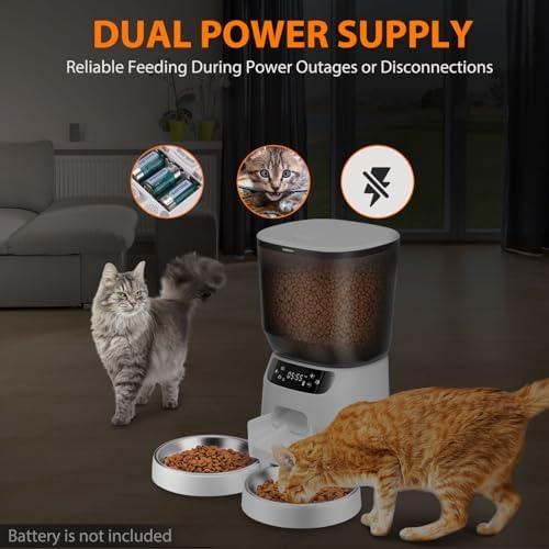 Automatic Cat Feeders for Two Cats, 5L/20 Cups Double Automatic Cat Food Dispenser with 2 Stainless Bowls, Timer Setting 20 Portions 6 Meals Per Day, 10s Meal Call (White) - Image 6