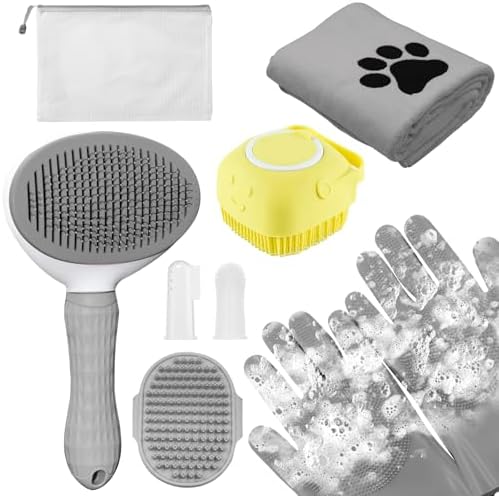 Dog Grooming Kit for Shedding – 8-Piece Pet Grooming Supplies with Deshedding Brush, Bath Gloves, Towels & Silicone Toothbrush | Ideal for Dogs, Cats, Small and Large Pets (Gray) by Aiolpy
