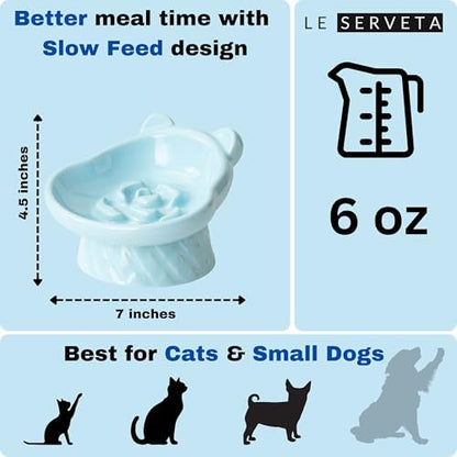 Winnie The Pooh Series Ceramic Slow Feeder Cat Bowl, Raised Anti-Gulping Design with Bear Ears, Pastel Colors, Quilted Pattern Base (Blue) - Image 2