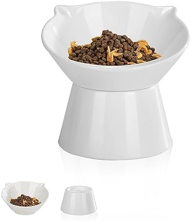 Detachable Elevated Cat Bowls, 15° Tilted Raised Cat Food Bowl Anti-Vomiting, Whisker Friendly, Adjustable Pet cat Dishes for Protecting Spine, Adult Kitten (White) by LuckyPots