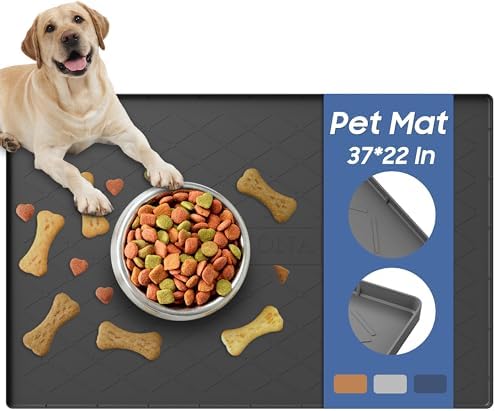 URMONA Pet Food Mat 37 x 22 in, Waterproof Silicone Dog Food Mat Litter Mat by URMONA
