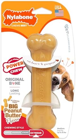Nylabone Power Chew Classic Bone Chew Toy for Dogs, Durable Dog Toys for Aggressive Chewers, Peanut Butter Flavor, Medium/Wolf - Up to 35 lbs. (1 Count) by Nylabone