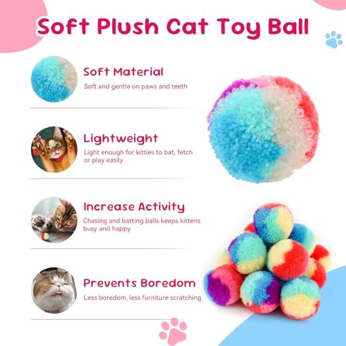 FuninCrea 20 Pcs Cat Ball Toy, 1.18-Inch Rainbow Cat Toy Ball Colorful Cat Pom Pom Balls with a Small Pouch, Fuzzy Kitty Balls for Cats, Kitten Toys for Playing Training Chasing (A,Small) - Image 4