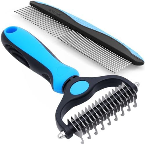 Pet Grooming Rake for Dogs & Cats - Double-Sided Deshedding and Dematting Tool, Gently Remove 95% of Loose Undercoat & Mats for Long-Haired Pets, Painless Fur Brush for Shedding Control (Blue+Comb) by AKEISHE