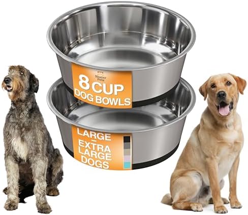Neater Pet Brands Stainless Steel Dog Bowls with Non-Slip Rubber Bottom – Set of 2, 8 Cup (64 oz), Black - Heavy Duty Metal Dog Bowl, Dishwasher Safe, Food or Water Bowl, Ideal for Large Dogs by NeaterPetBrands