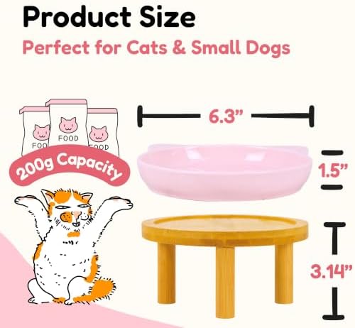 Elevated Ceramic Cat Bowls with Bamboo Stand for Cat Bowl, Whisker Friendly Shallow Cat Plate, Stable Raised Cat Food Riser for Indoor Cats (Pink, Set of 1) - Image 2