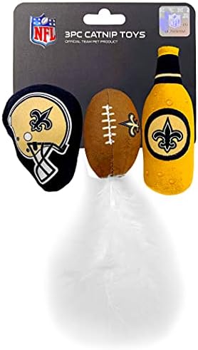 BEST PLUSH CAT TOY: NFL NEW ORLEANS SAINTS Complete Set of 3 piece Cat Toys filled with Fresh Catnip. Includes: 1 Helmet Cat Toy, 1 Football Cat Toy with Feathers & 1 Beer Bottle. Beautiful Team LOGOS by PETSFIRST