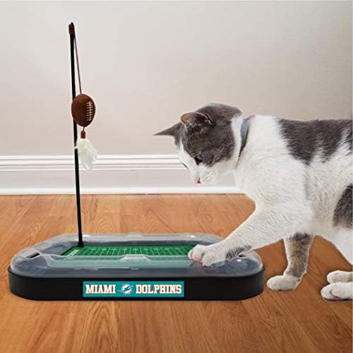 Cat Football Field NFL MIAMI DOLPHINS FOOTBALL FIELD CAT SCRATCHER TOY with CATNIP Filled Plush FOOTBALL Toy & Feather Cat Toy hanging, with Jingle Bell INTERACTIVE BALL Cat Chasing 5-in-1 KITTY Toy - Image 6