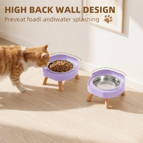 Elevated Cat Bowls, 2P Raised Cat Food and Water Bowl Set for Indoor Cats, Splash Proof with 2 Stainless Steel Food Bowls for Cats ＆ Puppies, Whisker Friendly and Dishwasher Safe - Purple - Image 3
