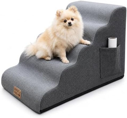 5-Step Dog Stairs for Small Dogs & Cats, 17.8" H Non-Slip Pet Steps with Side Storage Pocket, Sturdy High Density Foam Dog Ramp for Sofa, Couch & Chair, Washable Cover, Grey by NOFKYNOXA