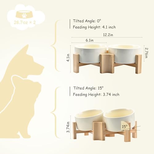 SPUNKYJUNKY 15° Slanted Ceramic Dog and Cat Bowl with Wooden Stand, Tilted Bulldog Food and Water Bowl No Slip Non-Spill for Cats Medium Dogs Big Face Pets 28.7 OZ (3.6 Cups, Beige × 2) - Image 4