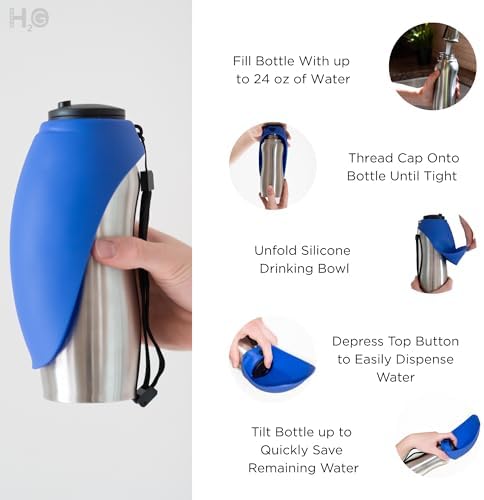Portable Dog Water Bottle, 24 oz, Stainless Steel, Convenient Pet Water Dispenser, Collapsible Travel Bowl, Walking, Hiking, and Outdoor Activity, Compatible with Various Pets, Houd2Go (Blue, 24oz) - Image 2