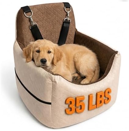 Dog Booster Seat for Small Dogs & Medium Sized Dog – Elevated Car Seat with Safety Leash, High Density Foam, Storage Pockets & Washable Cover – Up to 35 lbs for Puppies & Cats (Cream & Dark Brown) by Unknown
