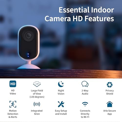 Arlo Essential Security Camera HD | Indoor Only | 2nd Gen | Pet Camera & Baby Monitor | Wired, Automated Privacy Shield, 2-Way Audio, Night Vision, Live Stream, Motion Alerts,Notifications|White 1 Cam - Image 2