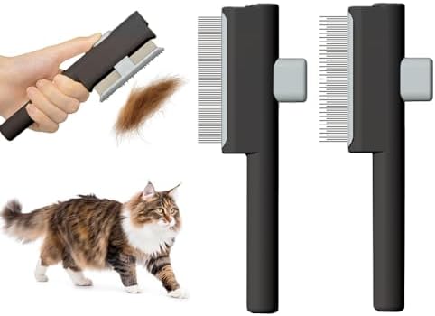 Marchul 2Pcs Pet Comb Flea Comb Set for Cats Dogs, Cat Grooming Brush with Release Button and Stainless Steel Round Teeth, Self-Cleaning Dog Combs for Removing Pet Hair, Knots & Loose Fur, Black by Marchul