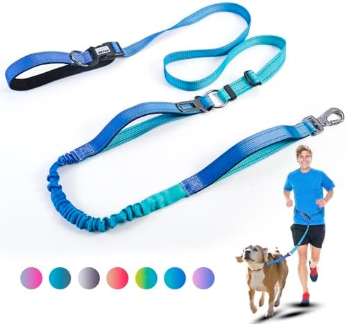 Heavy Duty Hands Free Dog Leash, 5-7 FT Reflective Adjustable Waist Dog Leash Belt with Padded Handles, Shock Absorbing Bungee and Car Seat Belt for Large Medium Dogs (Gradient Cobalt, XL) by JETOG