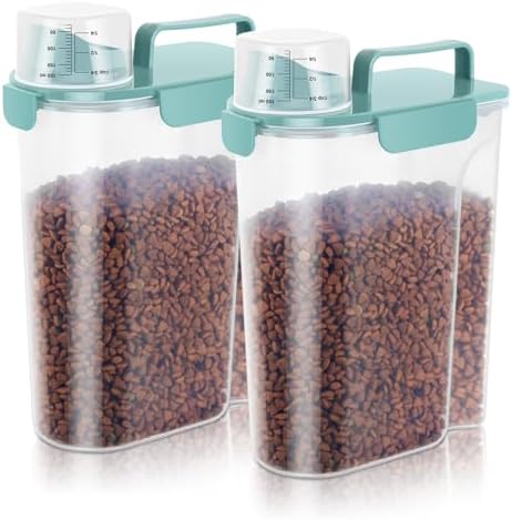 5-7 LBS Cat Dog Storage Container Portable with Upgraded Large Spout and Cup, Plastic Pet Food Dispenser for Small Animal Kibble, Bird Seed, Oatmeal, Rice, Flour, Brown Sugart-2 pack Elegant Blue by LEAWALK