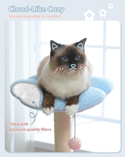 MUTTROS Flower Cat Tree with Large Metal Frame Hammock, 35" Pink Cat Tower with Sisal Scratching Posts for Small Indoor Cats, Cat Condo with Blue Top Perch for Kittens, Fluffy Ball, Pink - Image 5