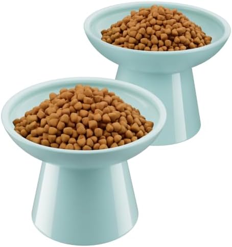 LoeJan Ceramic Cat Bowls, Elevated Cat Food and Water Bowls Set, Extra Wide and Raised Ceramic Bowls, Anti-Vomit Whisker-Free Pressure Cat Feeder for Kittens to Adult Cats by LoeJan
