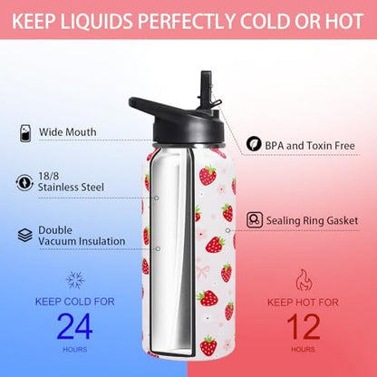 32oz Strawberry Stainless Insulated Aater Water Bottle with Straw,Strawberry Floral Gym Hiking Sports Coffee Mug Cup Water Bottles,Strawberry Themed Gifts for Women,Strawberry Decor Stuff Accessories - Image 3