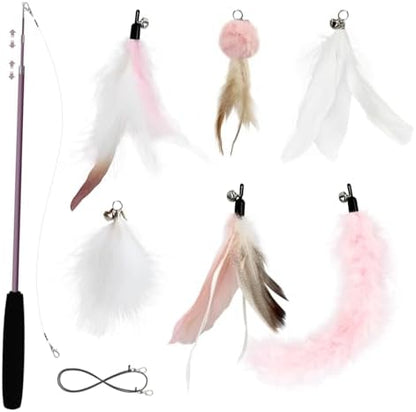 SONGWAY Interactive Cat Feather Toy Set - Retractable Teaser Wand with 6 Pcs Feather Refills with Bell, Cat Wand Toys for Indoor Cats Kittens Play Chase Exercise, Light Pink by SONGWAY