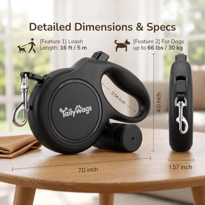 16ft Retractable Dog Leash for Medium Dogs up to 66 lbs, Black - Image 2