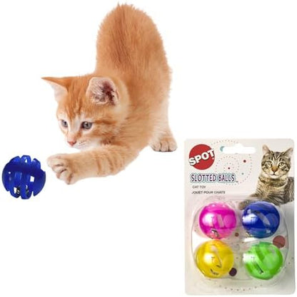 SPOT Slotted Balls Cat Toy - Interactive Cat Toys for Indoor Cats to Chase, Hunt and Stimulate - Jingle Bell Inside for Sound When Batted Around - Safe and Non-Toxic - 1.5" Assorted 4-Pack by SPOT