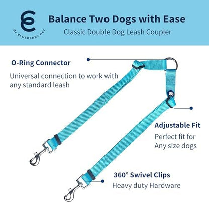Blueberry Pet Essentials Durable Classic Double Dog Leash Coupler, Turquoise, Medium/Large, Dual Walking & Training Leashes for Two Dogs - Image 2