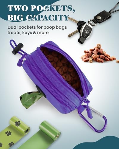 Dog Poop Bag Holder for Leashes, Purple Doggie Waste Bag Dispenser and Treat Holder, with Carabiner Hook and Poop Bag Clip, Used Waterproof Wear-Resistant Fabric and 2 Zippered Pouches for Walking - Image 2