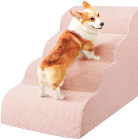 Dog Stairs for Small Dogs, High Density Foam Dog Steps, Extra Wide Non-Slip Pet Ramp for High Beds Or Couch, Soft Doggie Ladder for Dogs Injured, Older Pets, Small Cats, 4 Steps, Pink by Heeyoo