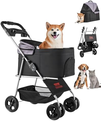VEVOR Pet Stroller, 35 lbs Weight Capacity, Foldable Dog Stroller Cart, 4 Wheels Cats Strollers with with Detachable Carrier & Mesh Windows, Portable Design with Brake for Small to Medium Pets by VEVOR