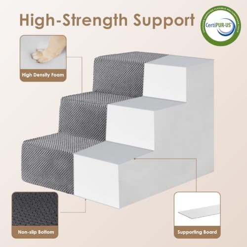 EHEYCIGA Dog Stairs 13.5" H, 3-Step Extra Wide Dog Steps, Grey - Image 4