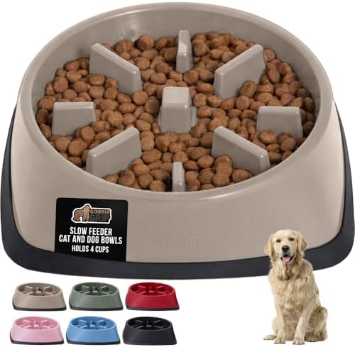 GORILLA GRIP® Patented Slow Feeder Dog and Cat Bowl, BPA Free, 4 Cup Beige by GorillaGrip