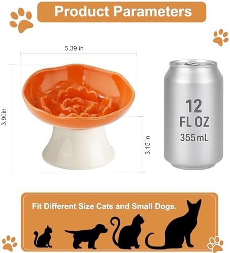 Ceramic Slow Feeder Bowl for Cats and Small Dogs, Elevated Tilted Pet Food Dish, Whisker Friendly Anti-Vomit Design, Heavy Stable Base, Dishwasher Safe， 5 Colors Options (Tangerine Orange) - Image 2