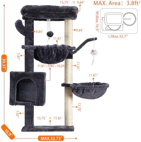 Heybly Cat Tree, 40" Tower with All-Sisal Wrapped Scratching Post HCT006SG - Image 6