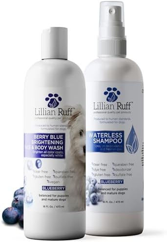 Lillian Ruff PRO Formula Berry Blue Brightening Dog Shampoo + Blueberry Waterless Dog Shampoo - Professional Whitening, Tear Stain Remover & No-Rinse Hydrating Odor Control, Aloe+Coconut Oil, USA Made by LillianRuff