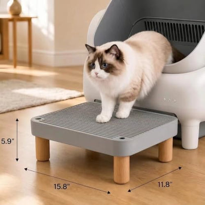 Litter Box Step, Litter Box Ramp/Catcher with Wooden Base, Anti-Tracking & Easy to Clean, Ideal for Big Cats and Automatic Litter Boxes 15.8" x 11.8" x 5.9" (Gray) - Image 2
