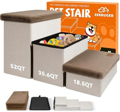 Zerbuger Dog Stairs with Storage Khaki Furry Lids 3 Steps Dog Ramp no Condo by Zerbuger