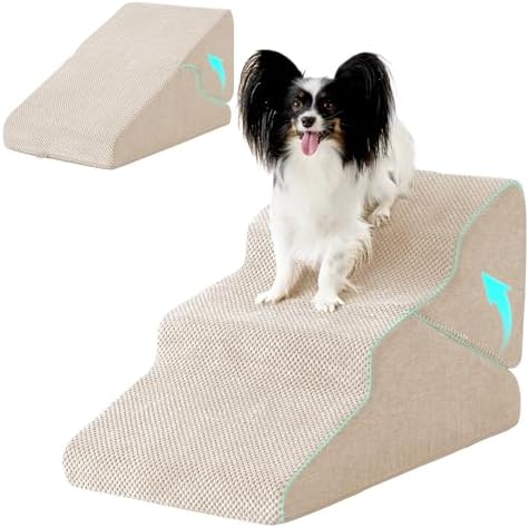 Ahpmeoa Dog Stairs for Small Dogs 16’’ H, 3-Step Dog Steps for Bed, Beige by Ahpmeoa