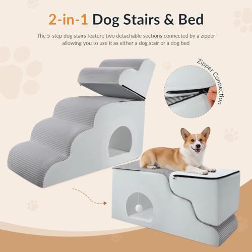 Dog Stairs for High Beds Up to 30" H with Tunnel,Extra Height 27.5" 5-Step Pet Steps for Small Dogs and Cats, Non-Slip Sturdy Dog Ramp with Anti-Tip Safety Strap and Removable Cover - Image 6