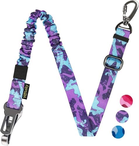 Hotsky Dog Seat Belt, Adjustable Safety Seatbelt 3-in-1 Car Harness for Dogs in Car Nylon Elastic Bungee Buffer Tether with Clip Hook Latch Buckle Swivel Zinc Alloy Carabiner(Purple Camo) by Hotsky