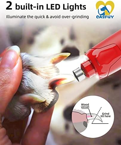 Casfuy Dog Nail Grinder Quiet - (45db) 6-Speed Pet Nail Grinder with 2 LED Lights for Large Medium Small Dogs/Cats, Professional 3 Ports Rechargeable Electric Dog Nail Trimmer with Dust Cap(Red) - Image 4