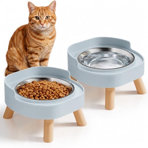 Elevated Cat Bowls, 2P Raised Cat Food and Water Bowl Set for Indoor Cats, Splash Proof with 2 Stainless Steel Pet Food Bowls for Cats ＆ Puppies, Whisker Friendly and Dishwasher Safe - Blue by HIAIEVIY