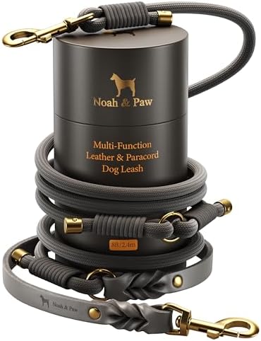 NOAH & PAW Hands Free Dog Leash, Oil-Waxed Leather & Heavy-Duty Paracord, 8 ft, Long Dog Leash with 6 Ways to Use (Ideal for Cats, Small, Medium & Large Dogs) Matching Collar Available. (Grey) by NoahPaw