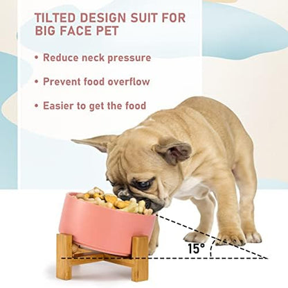 SPUNKYJUNKY 15° Slanted Ceramic Dog and Cat Bowl with Wooden Stand, Tilted Bulldog Food and Water Bowl No Slip Non-Spill for Cats Medium Dogs Big Face Pets 28.7 OZ (3.6 Cups,Pink) - Image 2